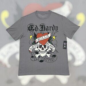 Ed Hardy "Love Kills Slowly" Light Grey Graphic Tee Men's Size M - NEW